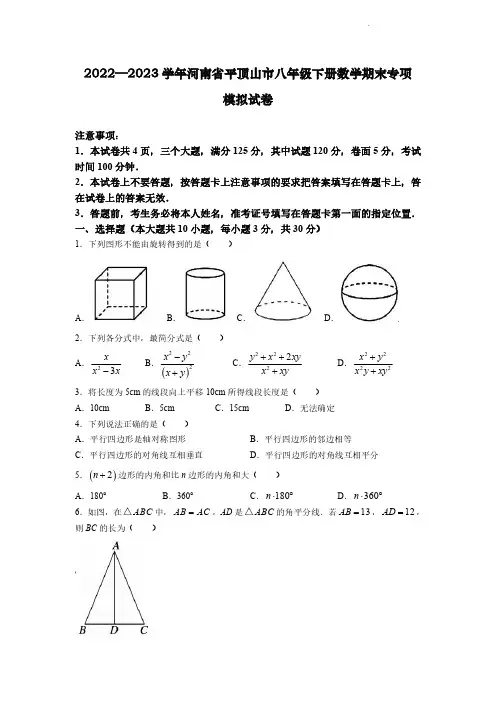 2022—2023学年河南省平顶山市八年级下册数学期末专项模拟试卷(含解析)