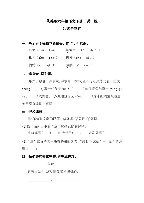 六年级下册-语文一课一练-《3古诗三首 》 人教统编版(含答案)