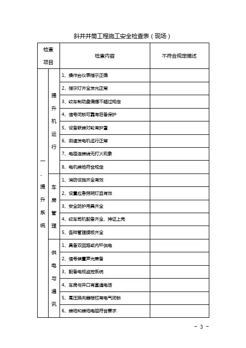 斜井井筒工程施工安全检查表
