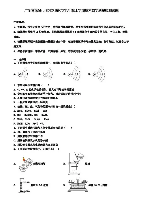 广东省茂名市2020届化学九年级上学期期末教学质量检测试题