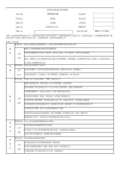 营销部经理岗位说明书模板
