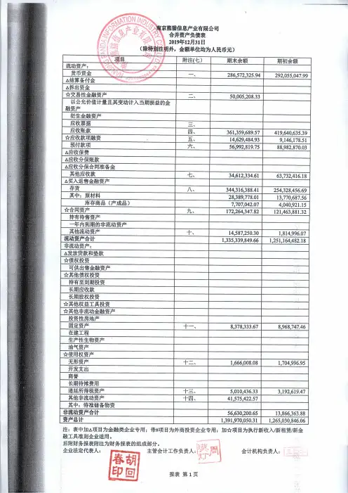 南京熊猫：子公司2019年财务报表