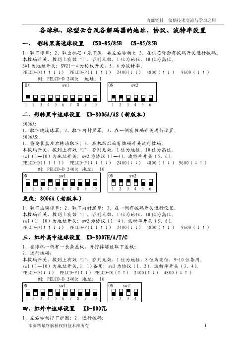 各球机、球型云台及各解码器的地址、协议、波特率设置