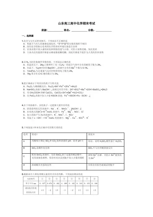 山东高三高中化学期末考试带答案解析
