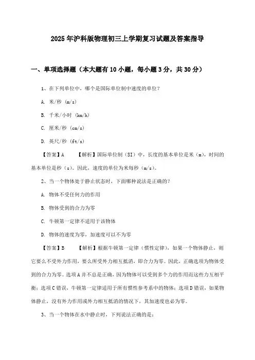 2025年沪科版物理初三上学期复习试题及答案指导
