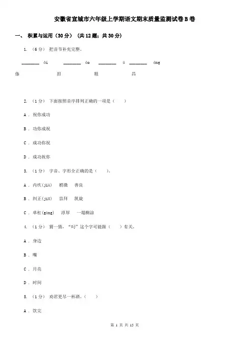 安徽省宣城市六年级上学期语文期末质量监测试卷B卷