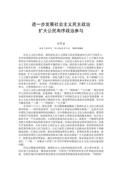 进一步发展社会主义民主政治 扩大公民有序政治参与