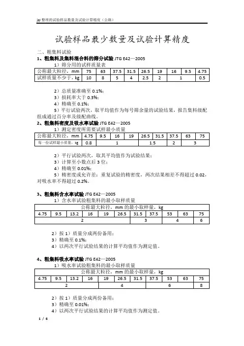 试验样品最少数量及试验计算精度(公路)