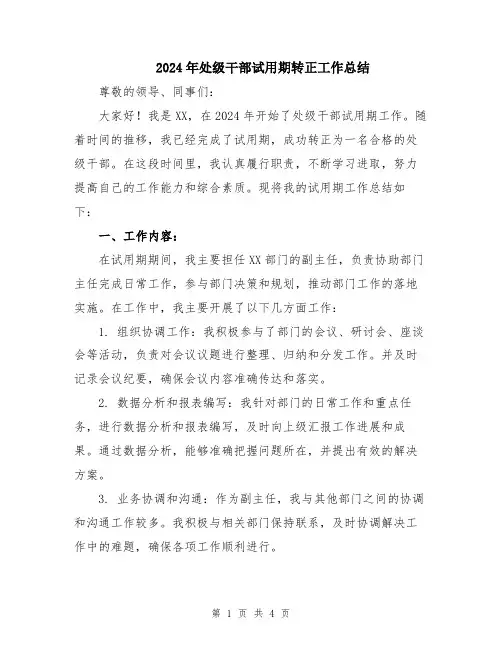 2024年处级干部试用期转正工作总结