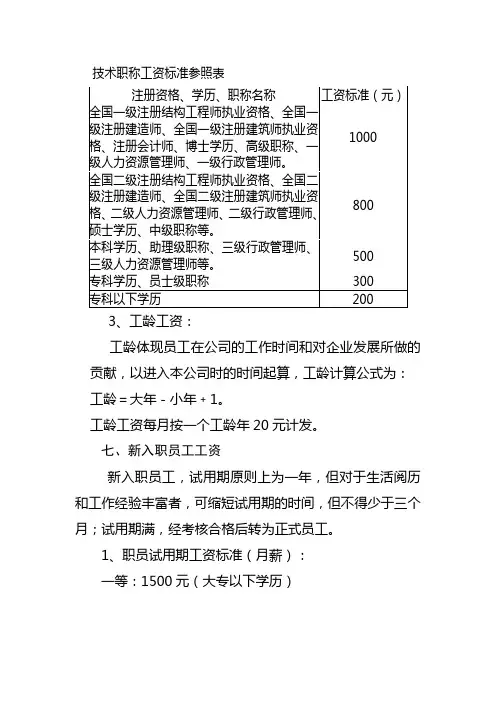 技术职称工资标准参照表