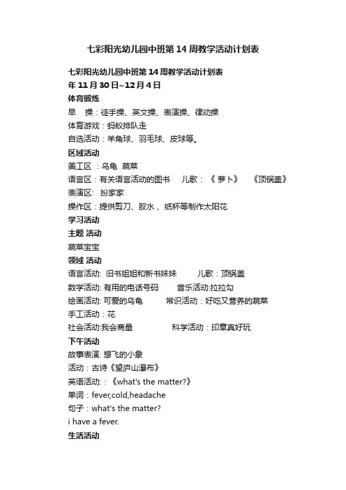 七彩阳光幼儿园中班第14周教学活动计划表