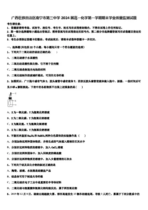 广西壮族自治区南宁市第三中学2024届高一化学第一学期期末学业质量监测试题含解析