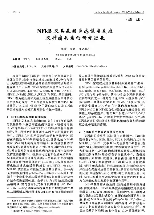 NFkB及其基因多态性与炎症及肿瘤关系的研究进展