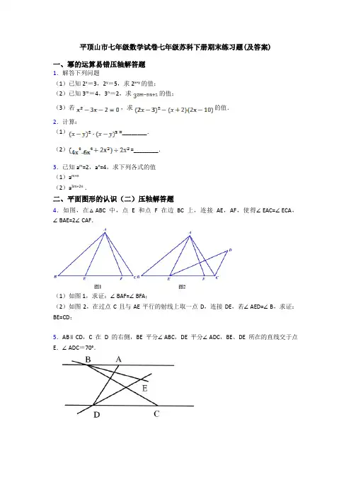 平顶山市七年级数学试卷七年级苏科下册期末练习题(及答案)