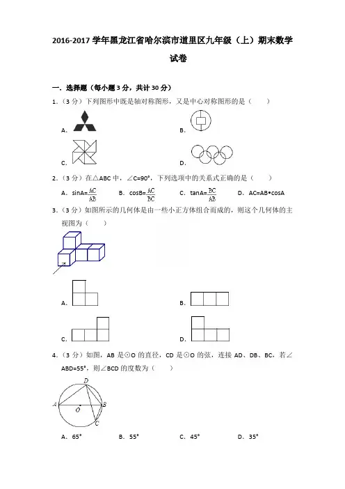 2017年黑龙江省哈尔滨市道里区九年级上学期数学期末试卷【答案版】