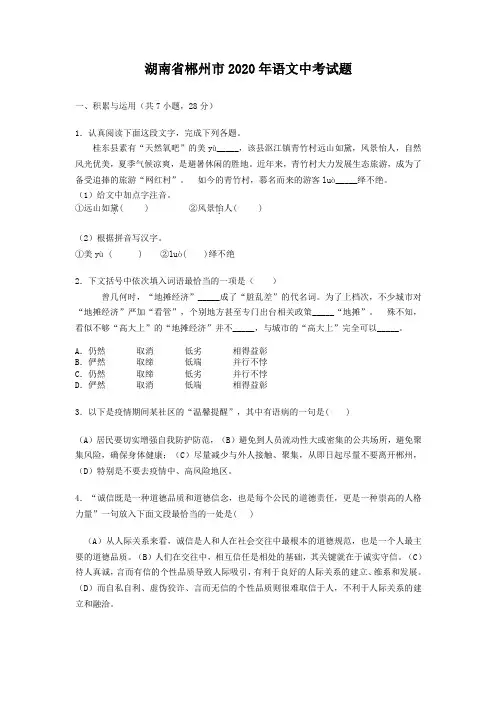 湖南省郴州市2020年语文中考试题及答案