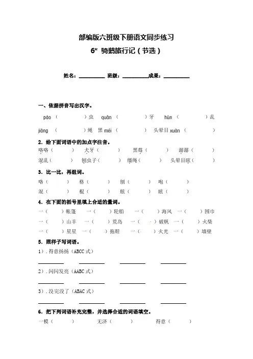 六年级下册语文试卷-《6 骑鹅旅行记(节选)》一课一练(含答案)人教部编版