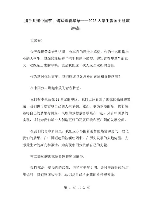 携手共建中国梦,谱写青春华章——2023大学生爱国主题演讲稿