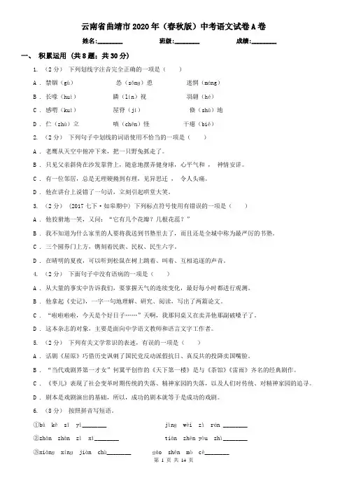 云南省曲靖市2020年(春秋版)中考语文试卷A卷
