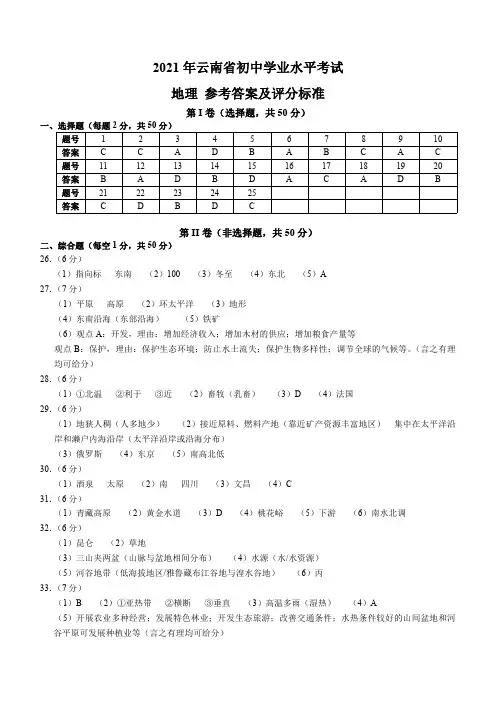 2021年云南省初中学业水平考试地理 参考答案及评分标准