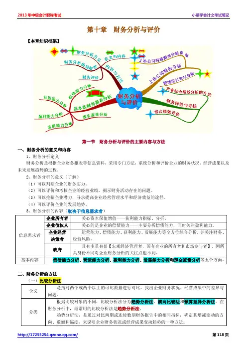 2014年中级会计师考试《中级财务管理》学习笔记 - 第十章 财务分析与评价