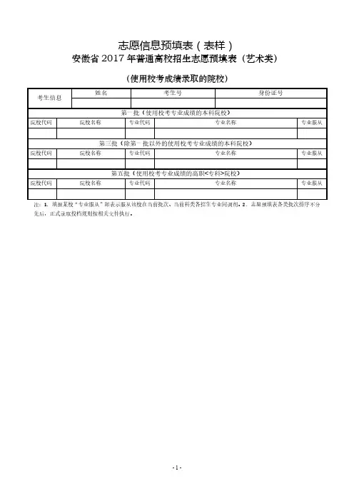 安徽省2017年普通高校招生志愿预填表