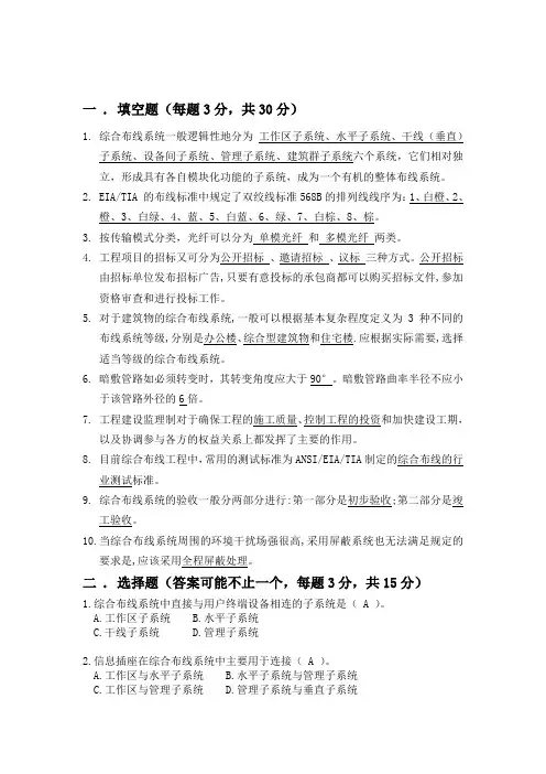 (完整版)综合布线试题汇编