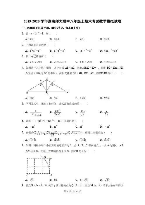2019-2020学年湖南师大附中八年级上期末考试数学模拟试卷及答案解析