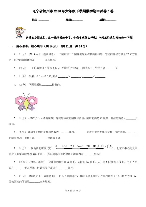 辽宁省锦州市2020年六年级下学期数学期中试卷D卷