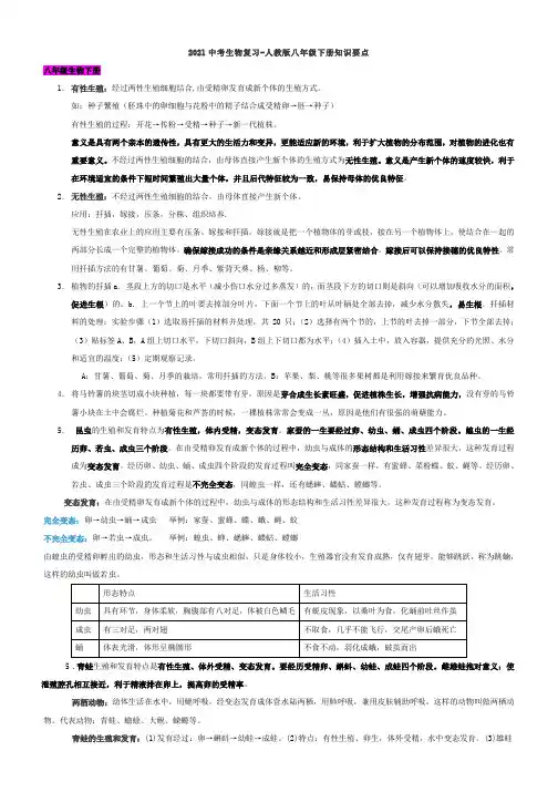 2021年中考生物复习-人教版八年级下册知识要点