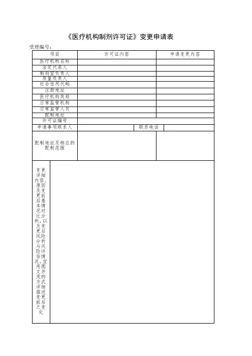 医疗机构制剂许可证变更申请表