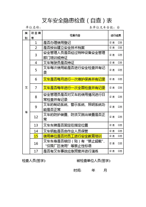叉车自查检查表1