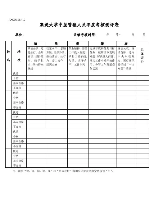 中层管理人员年度考核测评表