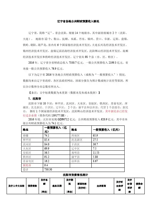 辽宁省各地公共财政预算收入情况及发债情况(更新2016)