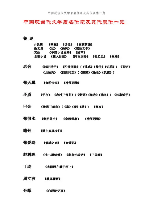 中国现当代文学著名作家及其代表作一览
