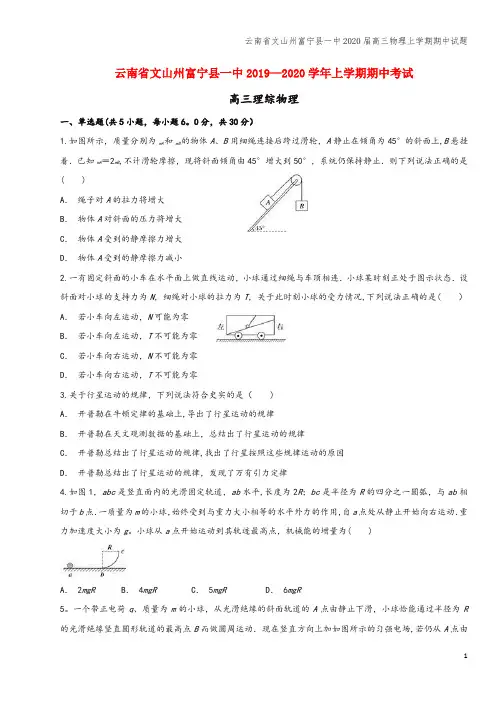 云南省文山州富宁县一中2020届高三物理上学期期中试题