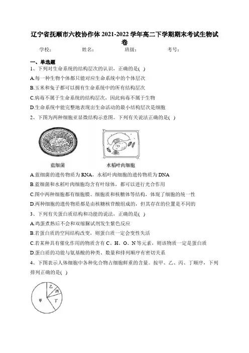 辽宁省抚顺市六校协作体2021-2022学年高二下学期期末考试生物试卷(含答案)