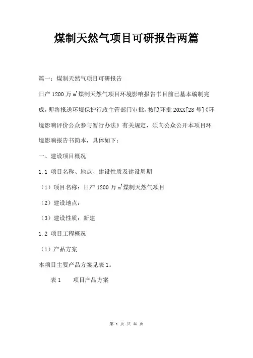 煤制天然气项目可研报告两篇
