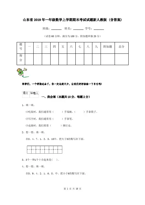 山东省2019年一年级数学上学期期末考试试题新人教版 (含答案)