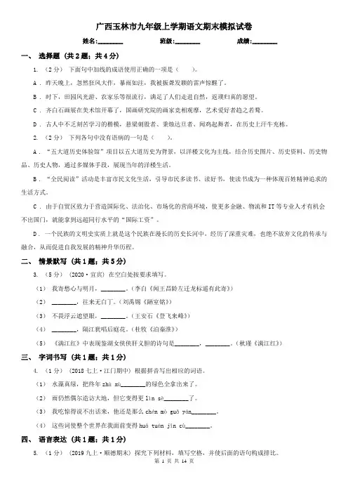 广西玉林市九年级上学期语文期末模拟试卷