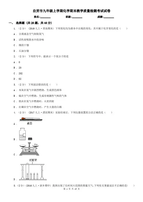 自贡市九年级上学期化学期末教学质量检测考试试卷