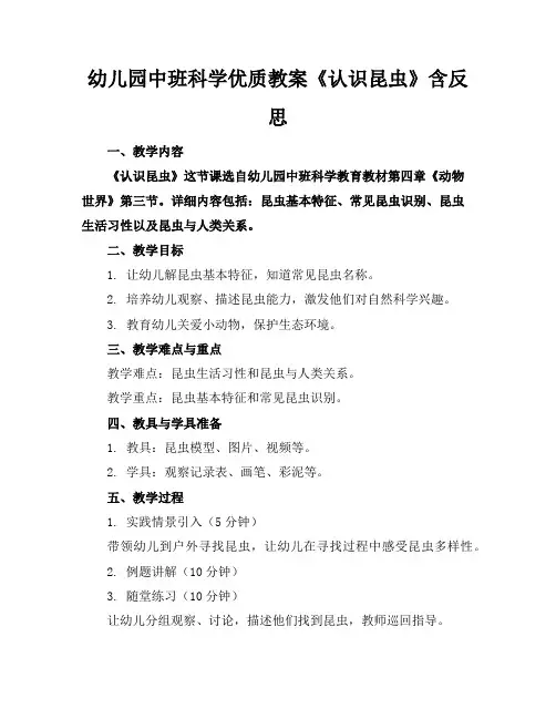 幼儿园中班科学优质教案《认识昆虫》含反思
