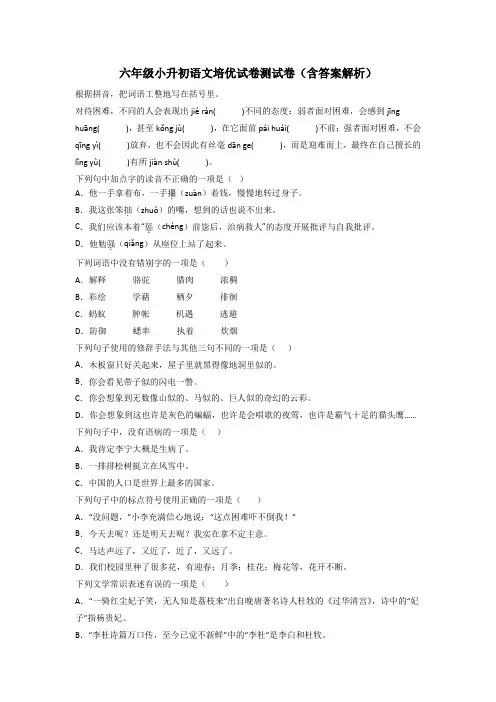 六年级小升初语文培优试卷测试卷(含答案解析)