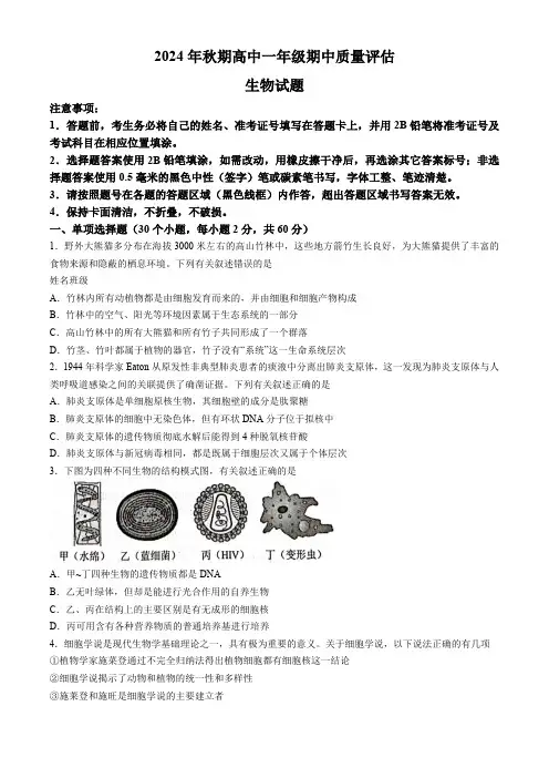 河南省南阳市2024-2025学年高一上学期11月期中考试生物试题(无答案)