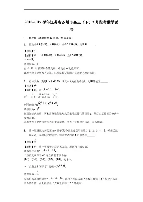 江苏省苏州市2018-2019学年高三(下)3月段考数学试卷(精品解析)