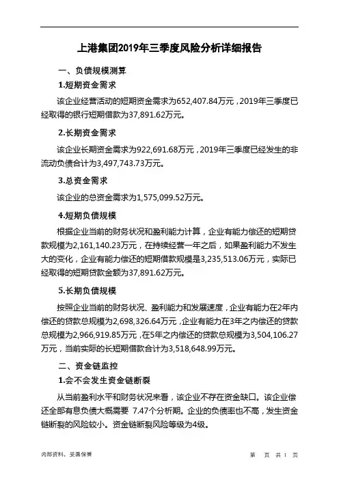 上港集团2019年三季度财务风险分析详细报告