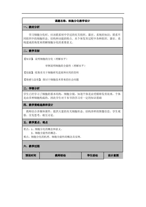 人教版高中生物必修一教案设计：6.2细胞分化