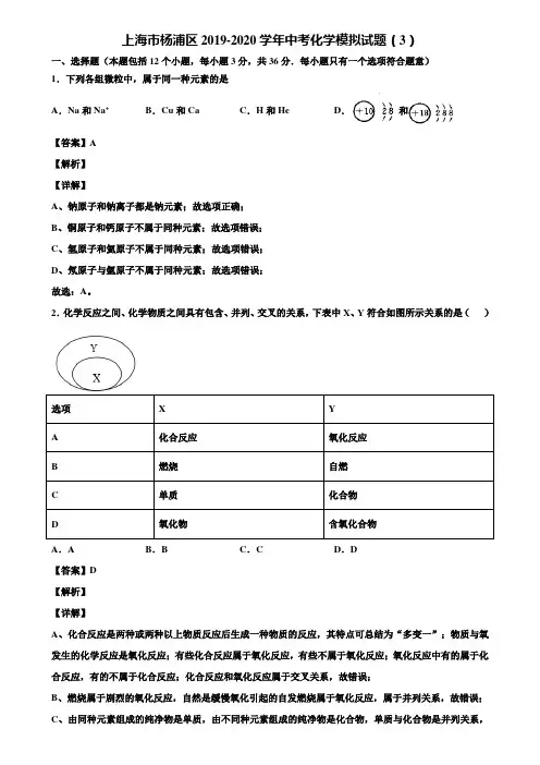 上海市杨浦区2019-2020学年中考化学模拟试题(3)含解析