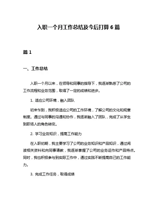 入职一个月工作总结及今后打算6篇