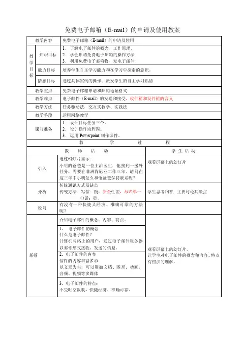 免费电子邮箱（E-mail）的申请及使用教案